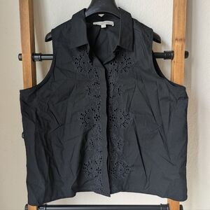 LOFT Women's Black Sleeveless Button-Up Shirt With Embroidery - Size L